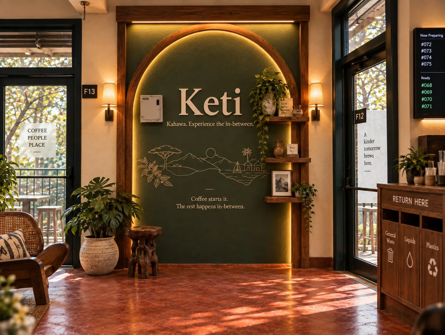 Keti concept: the illuminated timber arch on the forest-green wall